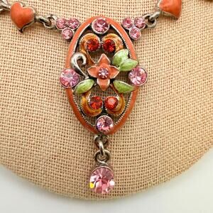 Vtg Victorian Revival Floral Necklace Pink Enamel Crystal Link Bib Pendant 16"